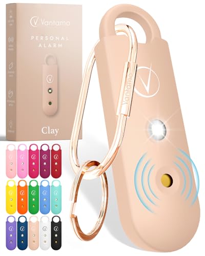 Vantamo Personal Alarm for Self Defense with Low Battery Notice, Strobe Light & Extra Loud 130 dB Double Speakers Safety Keychain Set for Women, Rechargeable Panic Button for Womens Self Defense - color: Clay