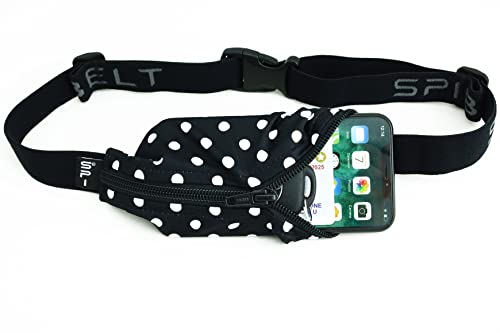 SPIbelt Running Belt for Women Men, Phone Holder for Running, Running Fanny Pack, Holder for Phone, Running Waist Pack, Adjustable Waist, [Fits All Phones]. Black White Polka Dot/Black Zipper - color: Black White Polka Dot/Black Zipper