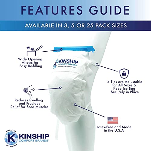 Refillable Ice Pack Wrap, Reusable Bag for Knee, Shoulder, Elbow, Neck, Ankle, Swelling and Pain Relief, Leak Resistant, 4 Tie Strings, Soft, Latex Free, Pack of 5