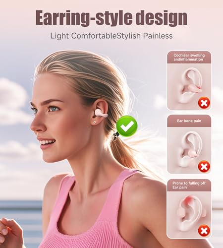 Kinglucky i21 Open Ear Clip On Earbuds Wireless Bluetooth Ear Clip Headphones with Mic,Noise Cancelling, Waterproof IPX4,for Small Ears,Perfect for Running,Sports,Glasses Wearers (Pink) - color: Pink