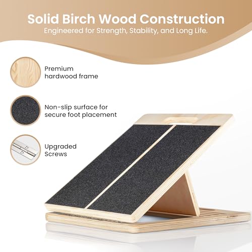 Calf Stretch Board - Incline Board, Slant Boards for Exercise, Squats Calf Stretcher, 300lbs Wooden Incline Wedge, Stretcher for Squats with Loop Band & 2 Sand Papers, Calf-Stretch Boards for Knees