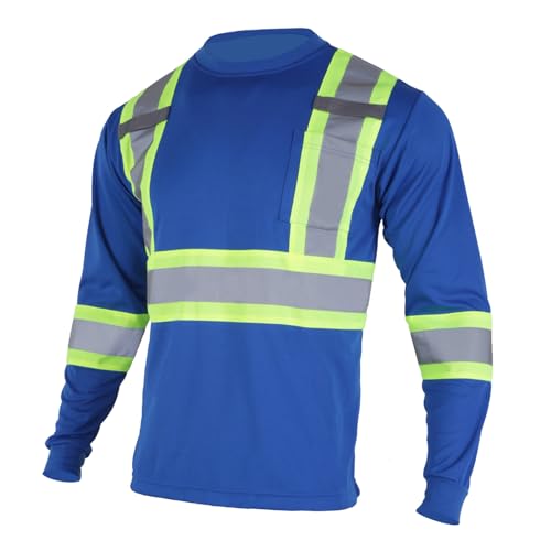 VENDACE Men's High Vis Safety Work T Shirt ANSI Class 1 Reflective Long Sleeve Shirt with Pocket(Royal Blue,L) - color: Royal Blue, size: Large