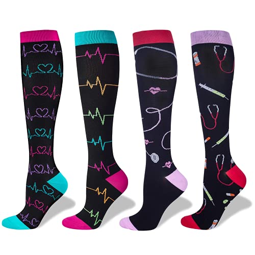 LEVSOX Compression Socks Women and Men, 20-30mmHg, Best for Nurses, Travel, Pregnancy - color: 4 Pairs Ekg & Nurse, size: Small
