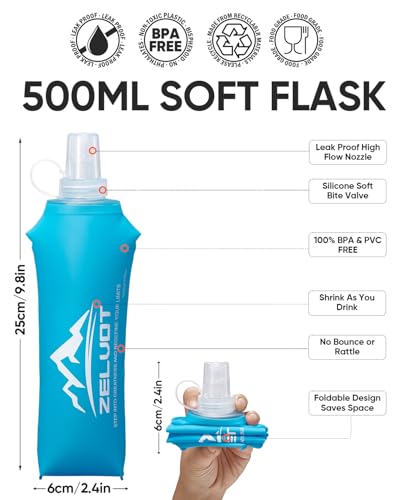 Zelvot Running Vest Collapsible Water Bottle, TPU 500ml Soft Flask (Pink, 500 ml - 2 Pack) - color: Pink, size: 500 ml - 2 Pack