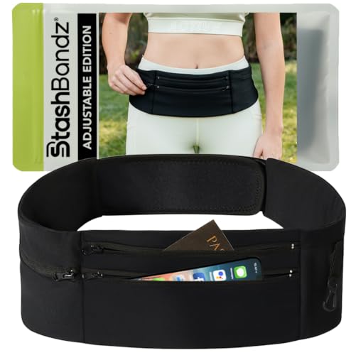 StashBandz Running Belt & Money Belt, 3 Zipper Pockets + Bottle Holder - size: Small
