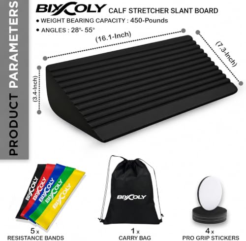Calf Stretch Board I Slant Board For Calf Stretching & Calf Raise Block for Relief of Plantar Fasciitis, Achilles Tendonitis & Calf Tightness | Calf Stretcher with 5 Resistance Bands & Carry Bag I Ankle Balance Board & Ankle Exerciser Strengthener
