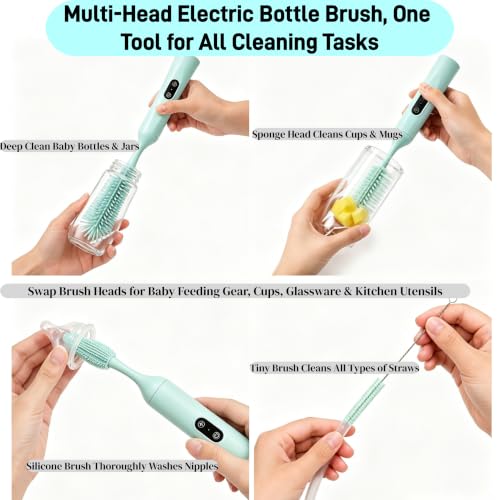 Electric Bottle Brush, Rechargeable Auto Spinning Bottle Cleaner, All-in-One Cleaning Kit with Multi Brush Heads & Stir Stick for Baby Bottles & Drinkware, Great Household Helper and Ideal Gift - color: Light Blue
