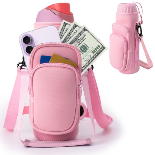linmaya Water Bottle Carrier Bag,Water Bottle Holder with Straps Phone Pockets Fits Stanley IceFlow Owala 16/24/32/40oz Tumbler - color: Rose Pink, size: 16-40 Oz wihtout Handle