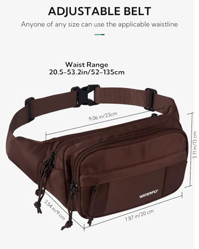 WATERFLY Fanny Pack Waist Bag: 2.5L Large 5 Zipper Pockets for Women Men - color: Brown