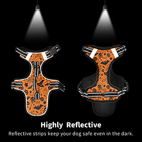 Halloween Skull Pumpkin Dog/Cat Harness, Reflective No-Pull Pet Harness with 2 Leash Clips, Fully Adjustable Soft Padded Dog Vest, No-Choke Pet Oxford Vest - color: Halloween Skull Pumpkin, size: S