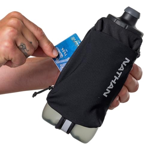 Nathan SpeedDraw 2 Handheld Running Water Bottle Flask – Ergonomic Grip, Blast Valve Cap, Phone & Key Storage Pockets, Reflective Design, 22oz - Black - color: 22oz - Black