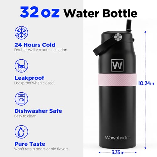 32 oz Insulated Water Bottle with Straw, Leakproof Stainless Steel Bottle with Handle, Non-Slip Silicone Sleeve, Internal Markings, Dishwasher Safe for Travel, Gym, Sports,Black - color: Black