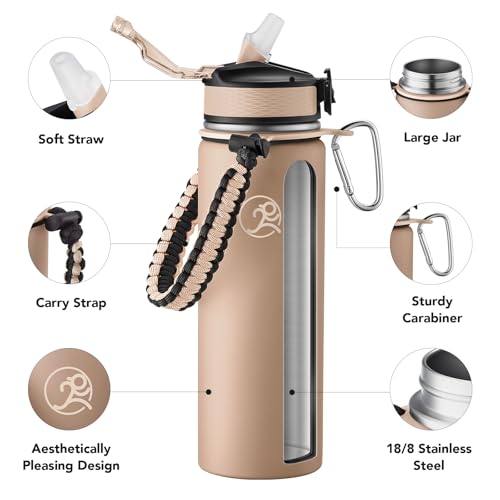 GOSWAG 24oz Insulated Stainless Steel Travel Water Bottle, 2 Lids - color: Matte Latte Brown