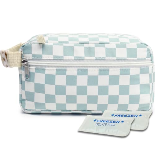 Fammart Freezable Snack Bag with Removable Ice Packs, Small Insulated Lunch Bag Mini Cooler, Leakproof Reusable Snack Lunch Box with Buckle Handle for Work, Travel, Office - Checkered Green - color: with Ice Packs - Checkered Green