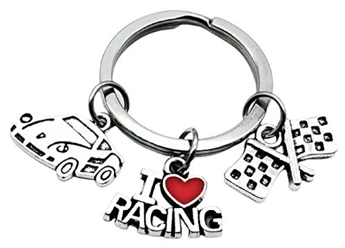 Kit's Kiss Racing Keychain Race Car I Love Racing Flag Keyring Racer Gift
