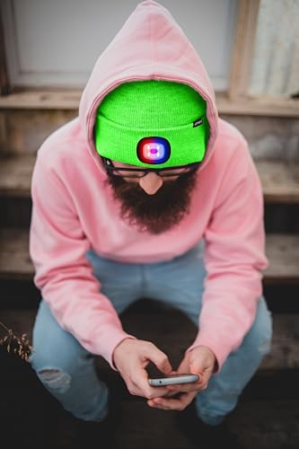ATNKE LED Lighted Beanie Hat,USB Rechargeable 4 LED Red and Blue Flashing Running Headlamp Cap Gifts for Men and Women - color: #Fluorescent Green