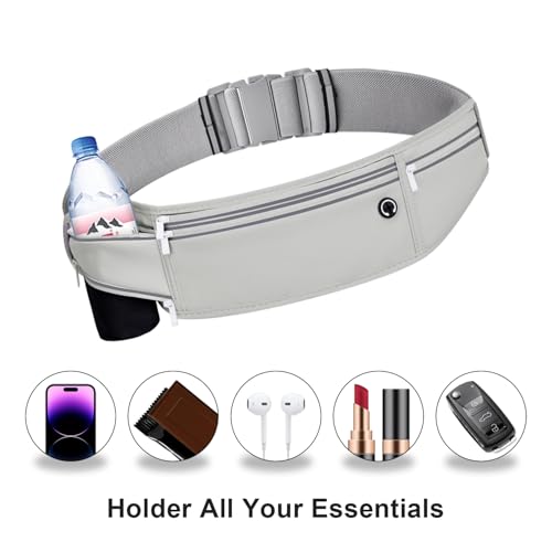Slim Running Belt for Women Men,Runners Fanny Pack Phone Holder,Money Belt,Running Gear Accessories,with 3 Pockets (Gray) - color: Gray