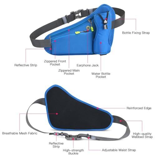 Running Waist Pack with Water Bottle Holder, Adjustable Belt - color: Blue