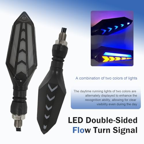 4 PCS Motorcycle Turn Signal Lights, LED Arrow Shape Flowing Turn Signal, 12V Double-Sided Flow Light with Daytime Running Lights, Universal for Most Motorcycles (Blue) - color: White