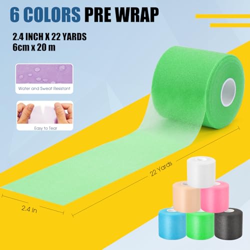 Pre Wrap Athletic Tape 6 Pack, 2.4 Inch x 22 Yards Foam Underwrap, Green - color: Green