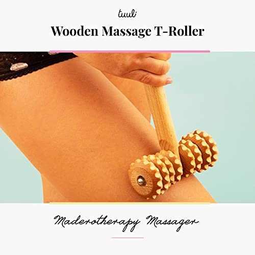 T-Shape Massager with Grooved Rollers, Multi-Functional Body Roller for Cellulite Reduction, Eases Muscle Tension and Supports Skin Health, Natural Muscle Roller