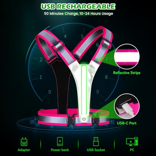 LED Reflective Running Vest, Light UP Reflective Vest, Safety Light Gear for Night Walking Cycling for Women Men Kid - color: Pink