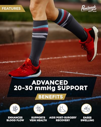 Pembrook 3 Pairs Compression Socks 20-30 mmHg - Compression Socks for Women and Men | Running, Athletic, Travel, Nurses - color: Line Pattern (Black/White/Blue) - 3 Pairs, size: X-Large