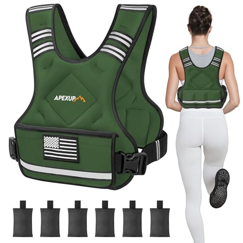 APEXUP Adjustable Weighted Vest, 4-10lb/12-18lb/20-32lb Vest with 6 Ironsand Weights and Large Pocket, Weight Vest for Men Women Strength Training, Running, Walking - color: Green, size: 20-32lbs