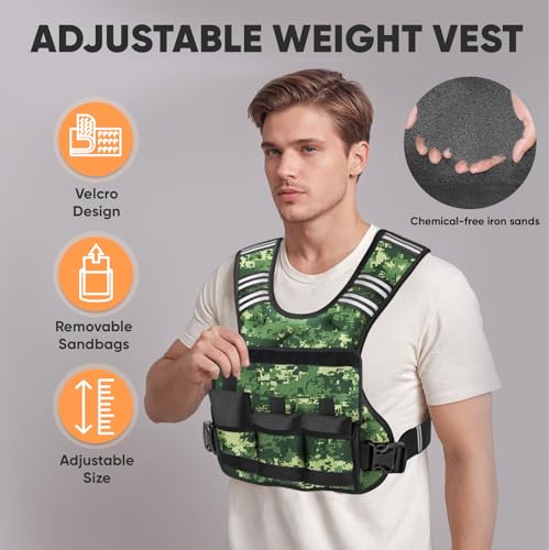 APEXUP Adjustable Weighted Vest, 4-10lb/12-18lb/20-32lb Vest with 6 Ironsand Weights and Large Pocket, Weight Vest for Men Women Strength Training, Running, Walking - color: Green Digi Camo, size: 12-18lbs