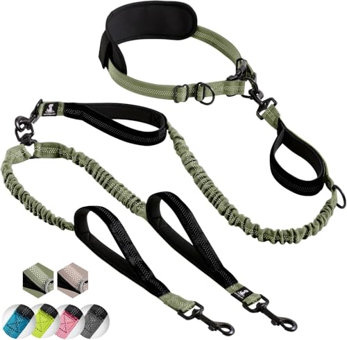 SparklyPets Hands Free Dual Dog Leash, Medium & Large (Olive Green) - color: Olive Green, size: 2 dogs M/L