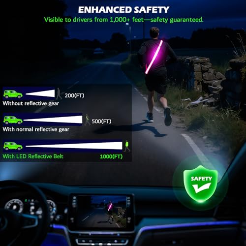 LED Belt Reflective Sash for Walking at Night, High Visibility Reflective Running Gear Night Walking Safety Gear LED Light Up Running Belt Reflective Gear for Runners Walkers Men Women - color: Pink