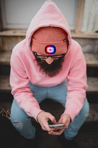 ATNKE LED Lighted Beanie Hat,USB Rechargeable 4 LED Red and Blue Flashing Running Headlamp Cap Gifts for Men and Women - color: #Bean Paste Powder