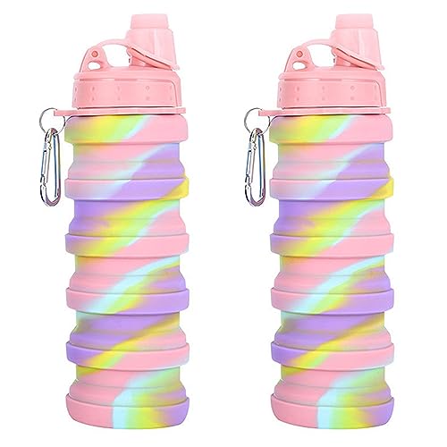 Collapsible Water Bottles Travel water bottle Sports Portable Sport Water Bottle Reusable Water Bottles comes with mountaineering Buckle 500ml silicone Water-proof camping water bottle - color: Pink+Pink camouflage, style: 2 pack