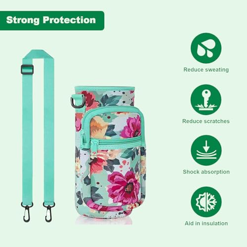 40oz Insulated Water Bottle Sling with Phone Pocket, Crossbody Carrier - color: Flower Green, size: 40oz