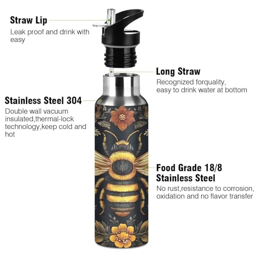 OTVEE Bohemian Golden Bee Water Bottle Sports Water Bottle Insulated Stainless Steel Hot Cold Water Mug with Straw Lid & Handle for Sports Gym 20 oz - color: Bohemian Golden Bee
