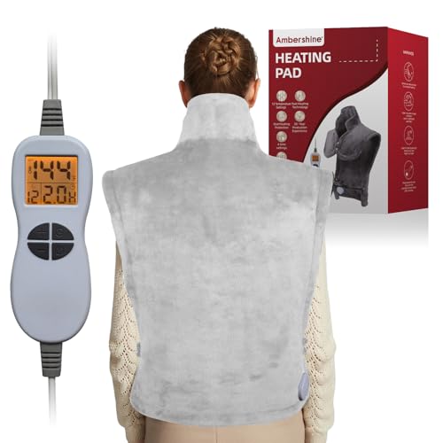 Ambershine 26"x35" XXXL King Size Neck& Shoulder& Back Heating Pad with 12 Temperature Settings& 4 Auto-Off Countdown Timers, Pain Relief for Back/Neck/Shoulder(Light Grey) - color: 03-light Grey