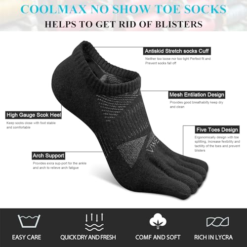 VWELL No Show Toe Socks for Men Women COOLMAX Five Finger Socks Athletic Running Ankle Low Cut 5 Toe Socks (3Pairs) - color: Black, size: Small
