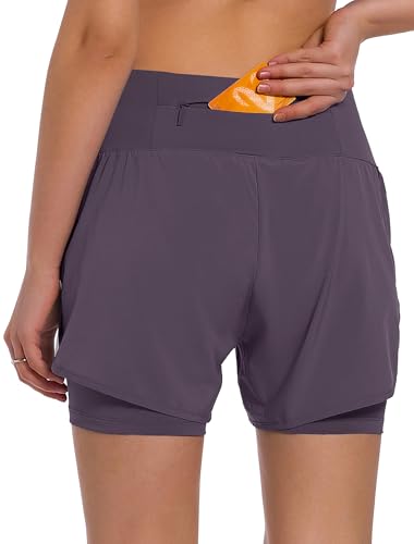 Ksmien Women's 2 in 1 Running Shorts with Liner Phone Pockets - color: Grey Purple, size: X-Small