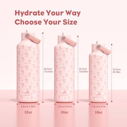 POWCAN 18 oz Insulated Water Bottle: Leakproof, Cup Holder Friendly, Standard Mouth, Top Handle, Double Walled Stainless Steel Water Bottle for Girl, Student, School, Bag, Camping (Sweetheart Bow) - color: Sweetheart Bow