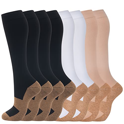 fenglaoda 8 Pairs Compression Socks for Men & Women 20-30 mmHg Knee High Nurse Pregnant Running Medical and Travel Athletic - color: 26-8 Pairs-black/White Copper, size: Large-X-Large