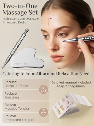 Rena Chris Acupuncture Pen and Gua Sha, Manual Reflexology Tools for Muscle Tension and Pain Relief, Acupressure Pen and Stainless Steel Gua Sha Set with Reflexology Chart, Easy to Use - size: 2 Piece Set