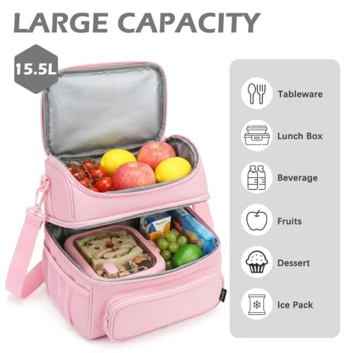FlowFly Double Layer Cooler Insulated Lunch Bag Adult Lunch Box Large Tote Bag for Men, Women, With Adjustable Strap,Front Pocket and Dual Large Mesh Side Pockets - color: Pink#2