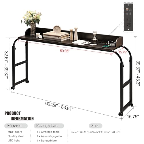 HWB Over Bed Desk with LED Light, Wheels & Charging Station, Black - color: Black