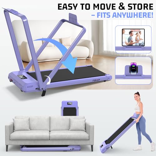 FUNMILY Upgrade Walking Pad Folding Treadmill with 12%/15% Incline & Handle Bar, 3.5HP Foldable Under Desk Compact Treadmills for Home/Office/Gym, 400+lb Capacity, Shock Absorption - color: Purple