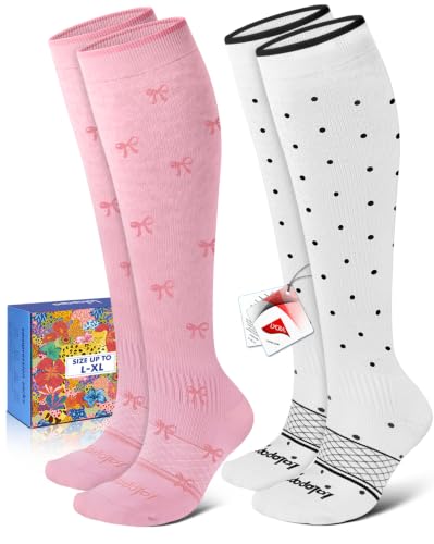 LYCRA® Compression Socks for Women,20-30 mmHg - color: Pink Bow, size: Large-X-Large
