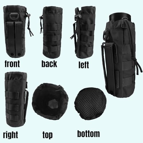 Tactical MOLLE Water Bottle Holder, Upgraded Water Bottle Pouch with Drawstring Open Top & Mesh Bottom, 16/24/25/32oz Water Bottle Carrier Bag with D-Ring Hook for Backpack - color: Black