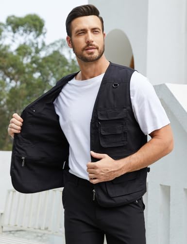 Gihuo Men's Fishing Vest Utility Safari Travel Vests with Multi Pockets - color: Black, size: Medium