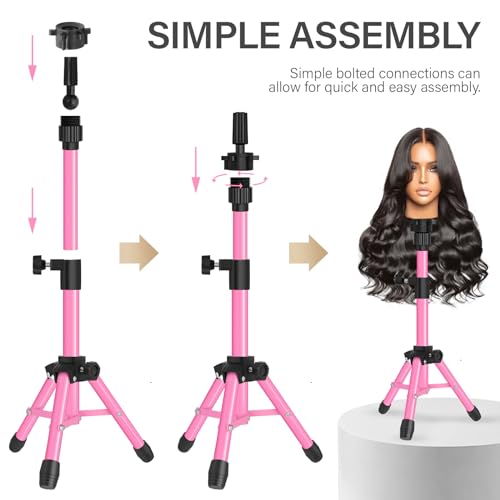 ZQIAN BEAUTY 25 Inch Wig Stand Tripod, Adjustable Mannequin Head Stand, Wig Head Stand for Training Heads And Canvas Block Head (Pink, Mannequin Head Not Included) - color: Pink, size: 25 Inch
