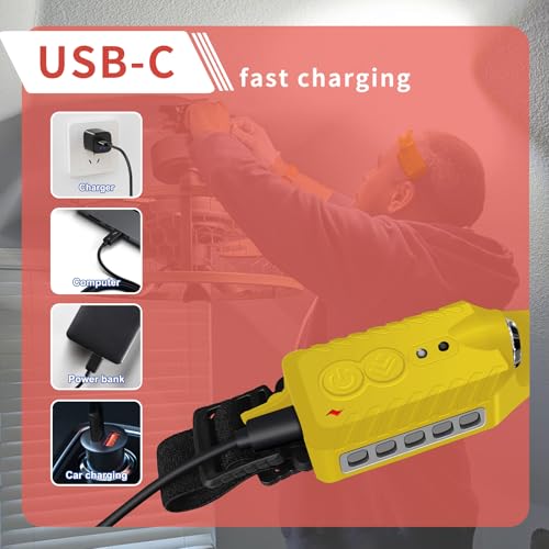Nessciera Rechargeable LED Headlamp, 400 Lumens, 230° Wide Beam, USB-C, 5 Modes — Lightweight, Adjustable Headband; Hard Hat Clips for Camping, Hiking, Running, Repairs & Gift (1, Yellow) - color: Yellow