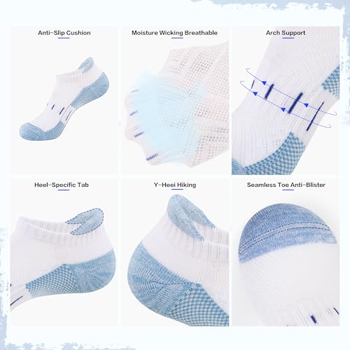 YOJOOM Women Athletic Ankle Socks 6 Pairs, Cushioned Arch Support Running Low Cut Socks, Breathable Mesh Non Slip - color: White, size: 8-10